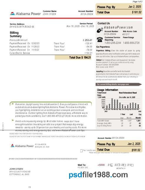 USA Alabama Power Utility Bill